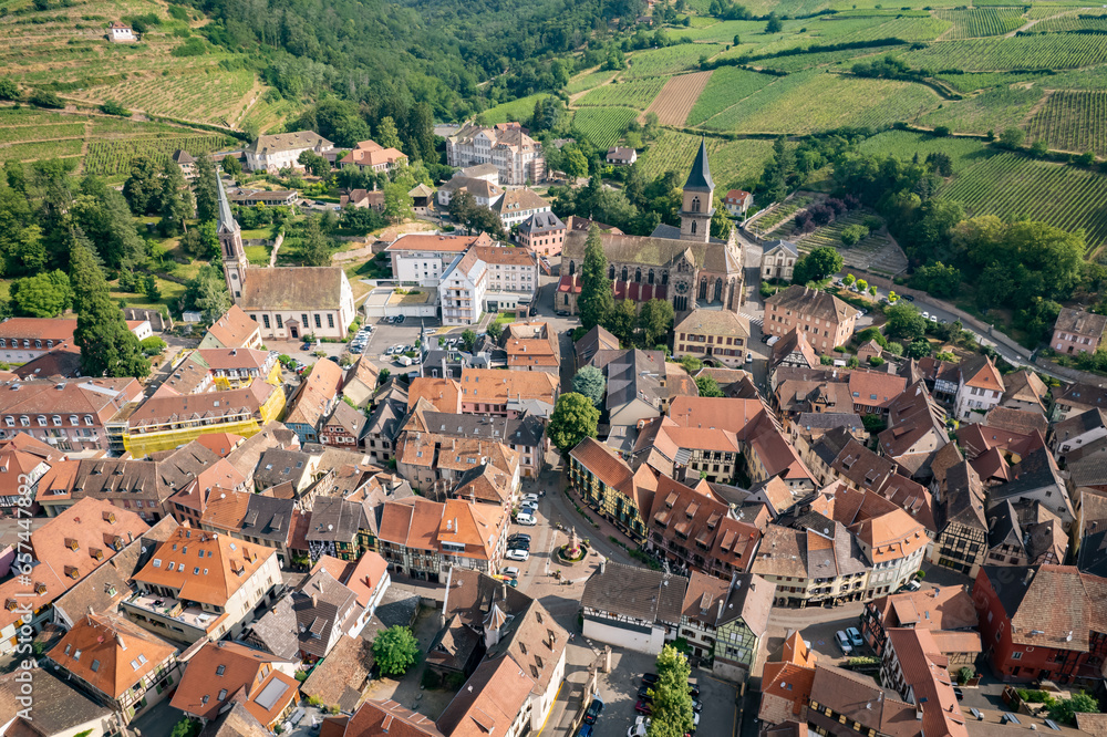 Aerial view of the beautiful French Village of Ribeauvillé in Alsace France