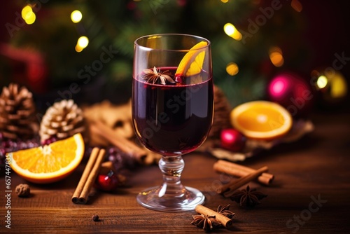 glass of mulled wine surrounded by whole spices on a table