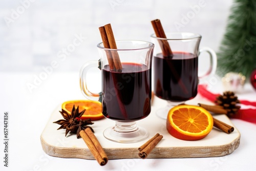 two mugs of mulled wine on a white marble countertop