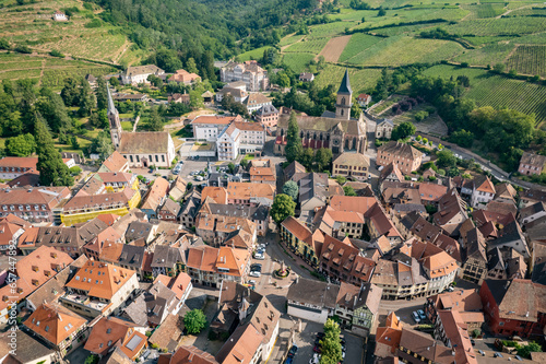 Aerial view of the beautiful French Village of Ribeauvillé in Alsace France