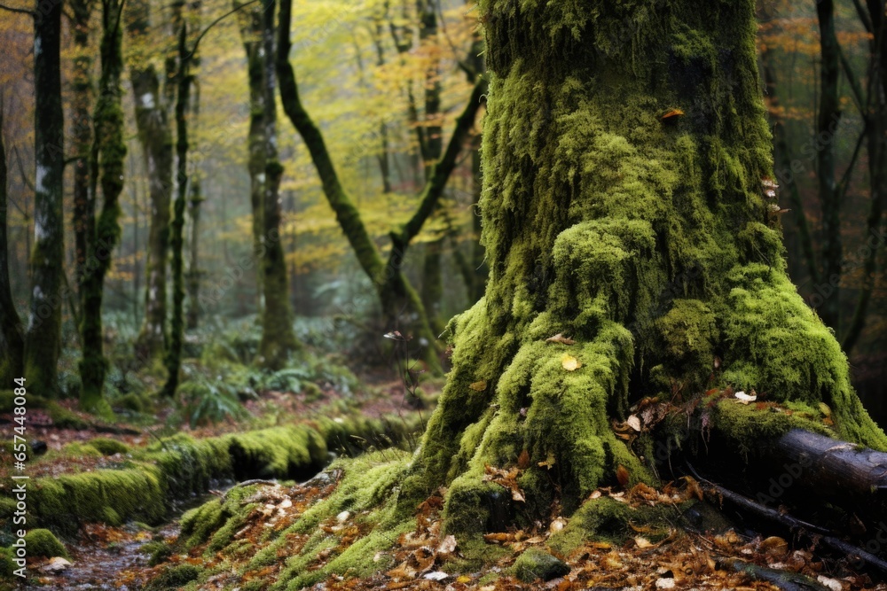 moss-covered tree trunk in an autumn forest setting moss-covered tree trunk in an autumn forest setting