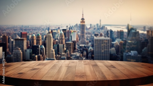 The empty wooden table top with blur background of city skyline. Exuberant image.