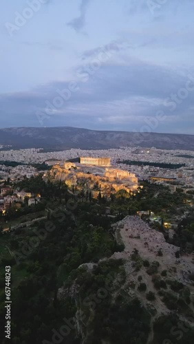 Aerial view of the Acropolis of Athens in the sunset