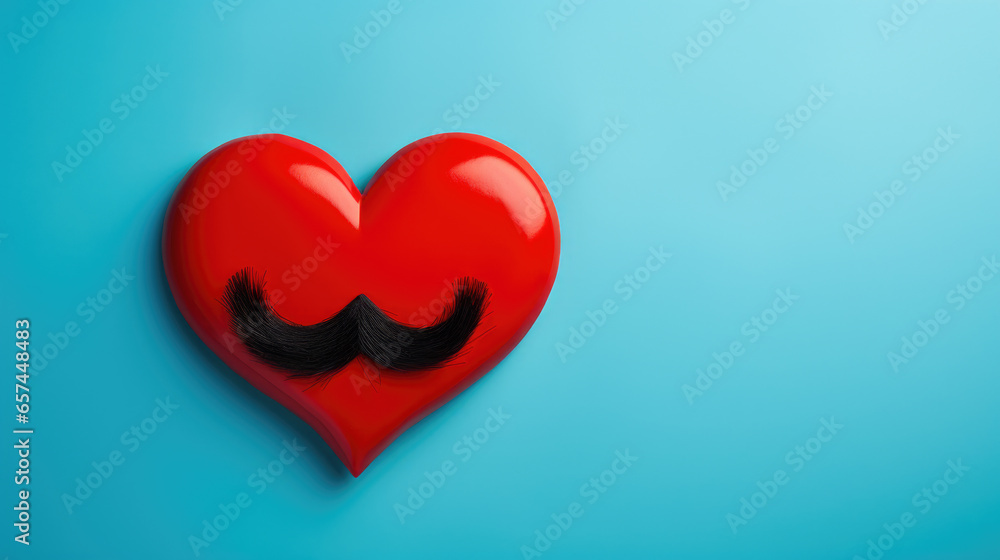Red heart-shaped object with comical mustache on it. This image can be used to represent love, humor, or as playful symbol.
