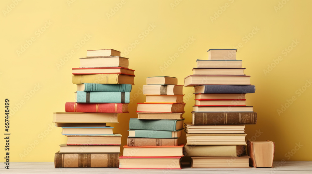 Stack of books placed neatly on top of wooden table. Perfect for educational or library-related designs. Stack of books placed neatly on top of wooden table. Perfect for educational or library-related designs.