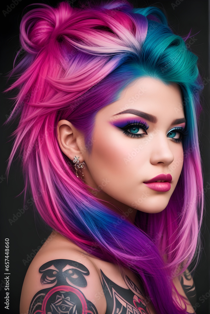 a colorful hairstyle and female tattoo model with a hot, sexy expression and pose a colorful hairstyle and female tattoo model with a hot, sexy expression and pose