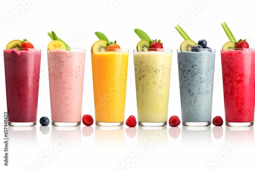 Set of smoothies in a glass jar made from variety of fruits isolated on white background