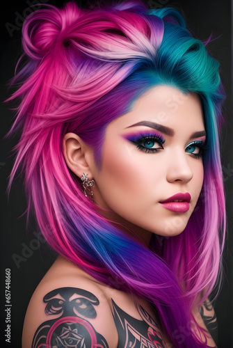 a colorful hairstyle and female tattoo model with a hot, sexy expression and pose