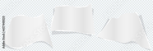 White torn paper rip pieces with torn adges and soft shadow. Blank mockup for text or message on transparent. 3D vector illustration for presentation, advertising, website, apps, banner layout
