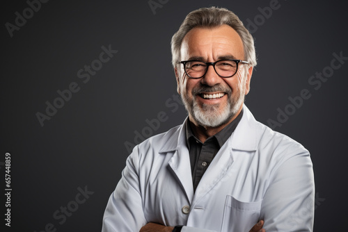 Man in lab coat smiles at camera. Scientist, researcher, or professional in laboratory setting. It can also be used to depict expertise, professionalism, and confidence.