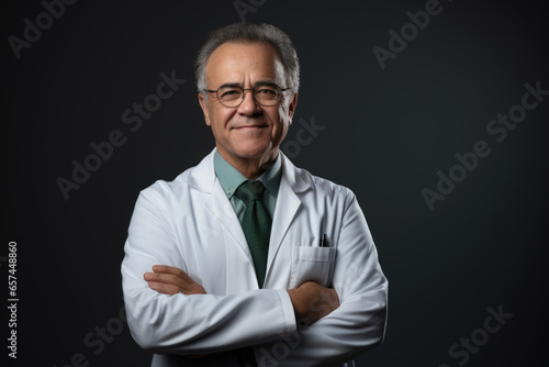 Man wearing lab coat and tie poses for professional picture. This image can be used for various purposes, such as representing professionalism, science, research, or corporate setting.