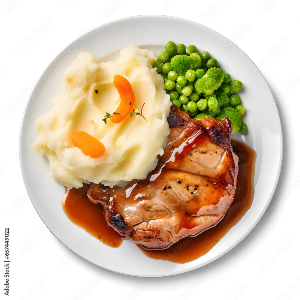 delicious plate of pork chop and mashed potatoes isolated on white background delicious plate of pork chop and mashed potatoes isolated on white background
