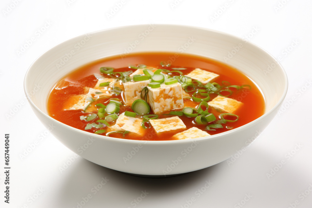 Delicious bowl of soup with tofu and green onions, perfect for comforting meal. This image can be used to showcase healthy eating, vegetarian recipes, or Asian cuisine.