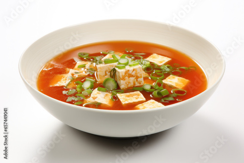 Delicious bowl of soup with tofu and green onions, perfect for comforting meal. This image can be used to showcase healthy eating, vegetarian recipes, or Asian cuisine.