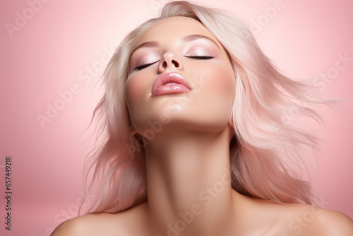 Woman with pink hair and vibrant makeup posing against pink background. Perfect for beauty and fashion-related projects.