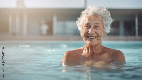 Senior woman swimming in outdoor swimming pool. © PaulShlykov