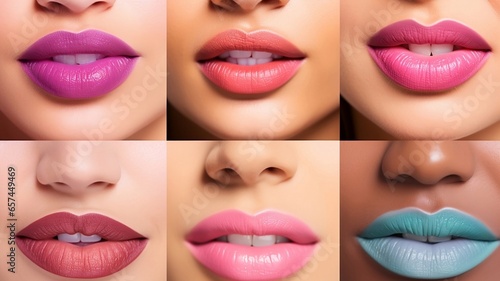 Collage of beautiful female lips in different shades of pink and blue