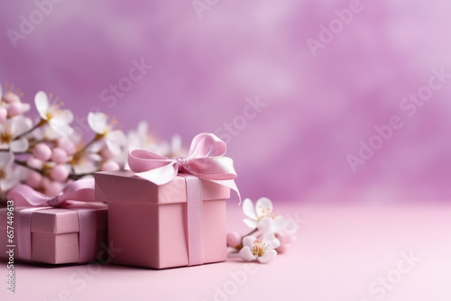 Two pink gift boxes with elegant bows and delicate flowers. Perfect for birthdays, anniversaries, or any special occasion. Can be used to symbolize love, joy, and celebration. © vefimov
