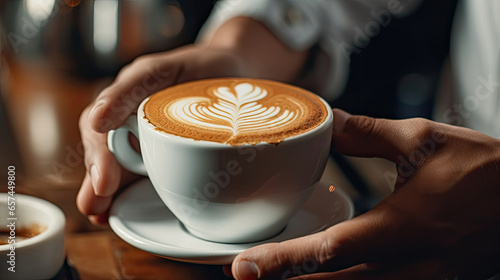 Barista hands you a cup of coffee. Coffee break. Generative Ai
