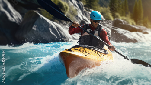 Close up of a male in kayak sailing in a mountain river. Extreme sport kayak. Generative Ai © tong2530