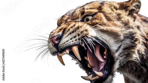 Close up of Sabertooth tiger smilodon on a white background. Generative Ai © tong2530