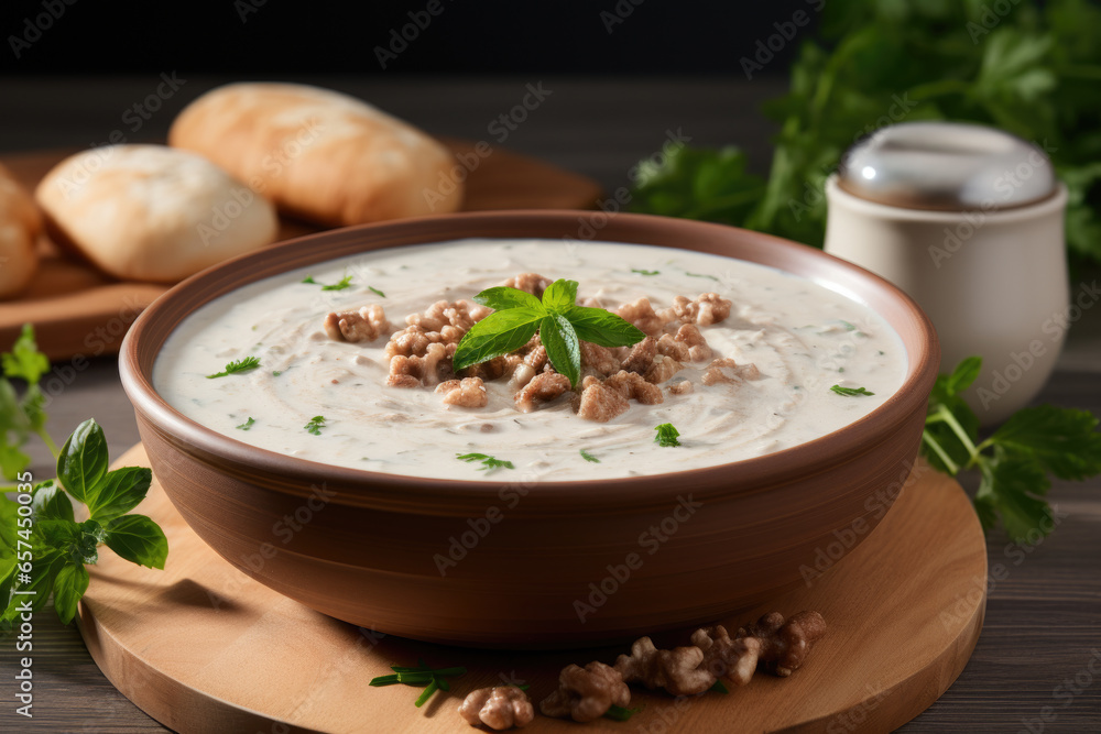 Bowl of soup is placed on wooden table, ready to be enjoyed. This image can be used to depict comfort, warmth, and delicious food in various contexts.