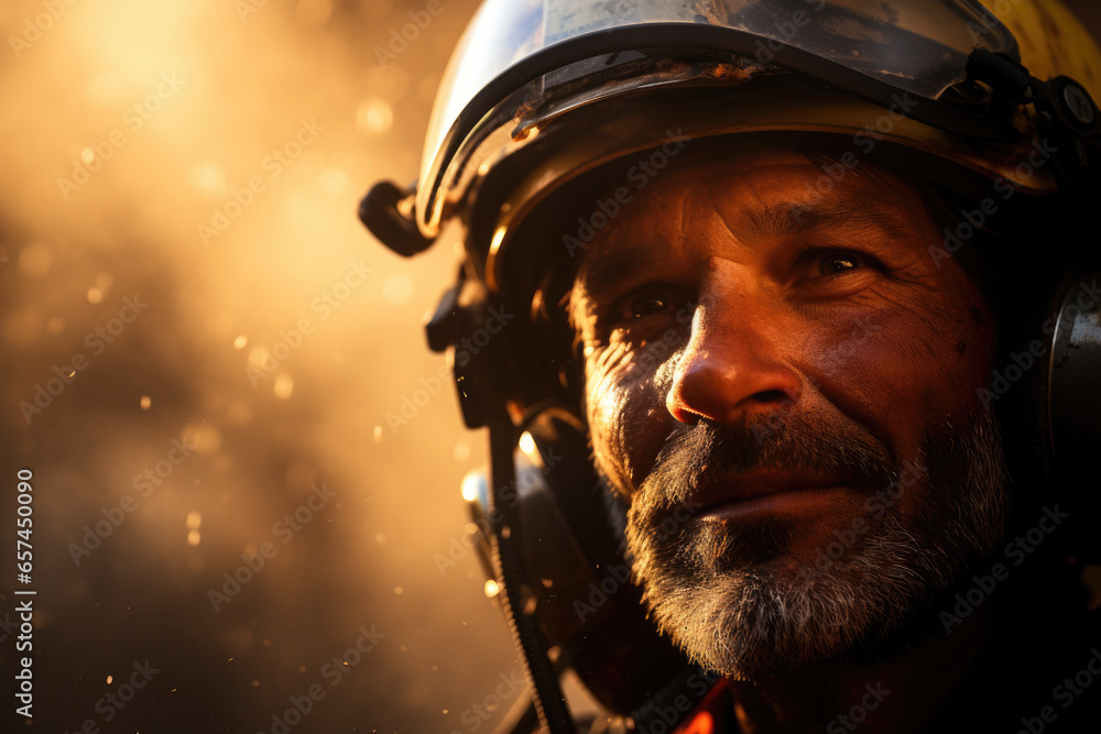 Man wearing fireman's helmet and headphones. This versatile image can be used to represent firefighter's communication or listening to music while on duty. Man wearing fireman's helmet and headphones. This versatile image can be used to represent firefighter's communication or listening to music while on duty.