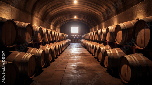 Wine barrels in wine vaults. Generative Ai
