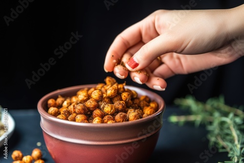 reaching for a couple of roasted chickpeas from a snack bowl