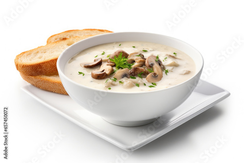 Simple and comforting meal consisting of bowl of soup and piece of bread on plate. Perfect for cozy lunch or dinner.