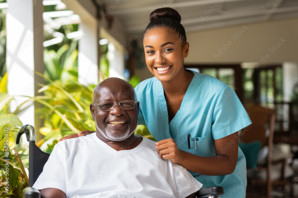 Nurse providing assistance to man in wheelchair. This image can be used to depict healthcare, caregiving, or disability support. Nurse providing assistance to man in wheelchair. This image can be used to depict healthcare, caregiving, or disability support.