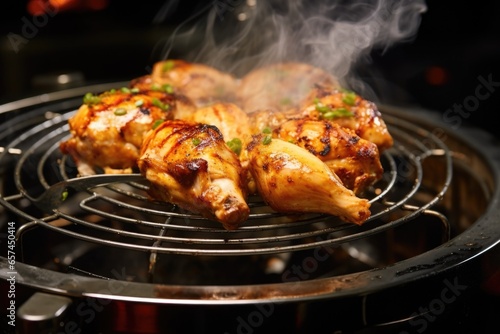 wet marinated spinning chicken over indoor grill