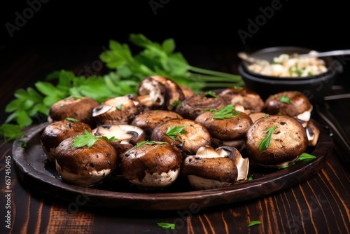 grilled mushrooms organized on a dark wooden platter