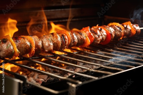 sausages roasting over gas flame on a modern rotisserie grill