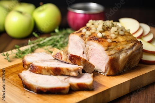 thick pork chop slices on chopping board, ringed with apple sauce