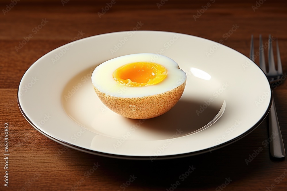 half a boiled egg on a full dinner plate half a boiled egg on a full dinner plate