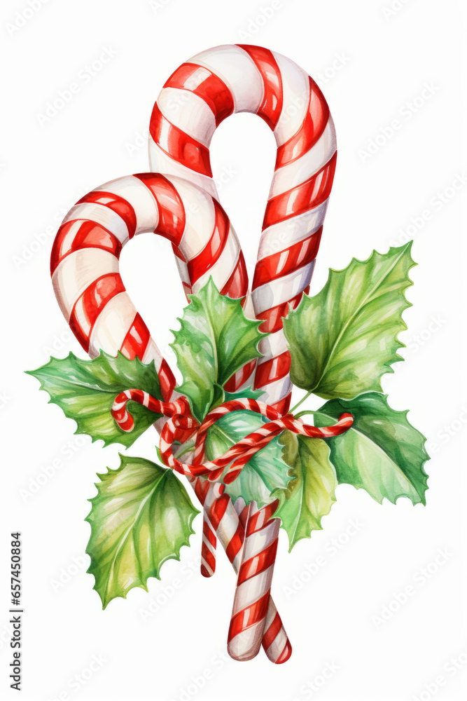Fototapeta premium Illustration of Christmas red striped caramel sticks tied holly berries on white background.