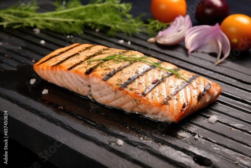 salmon steak with grill marks on a stone slab