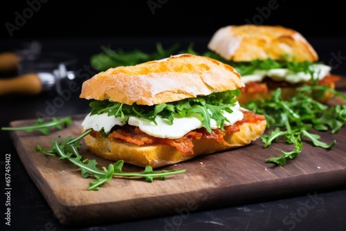 ciabatta sandwich garnished with parsley on a slate board