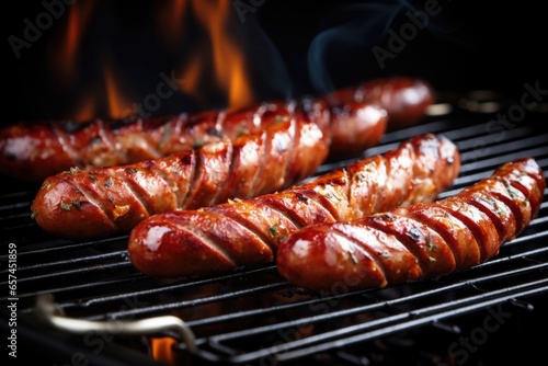 freshly cooked sausage links on a shiny bbq grill