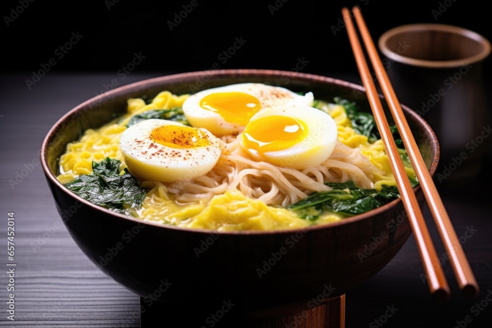 yellow noodles from a bowl of creamy ramen lifted with chopsticks yellow noodles from a bowl of creamy ramen lifted with chopsticks