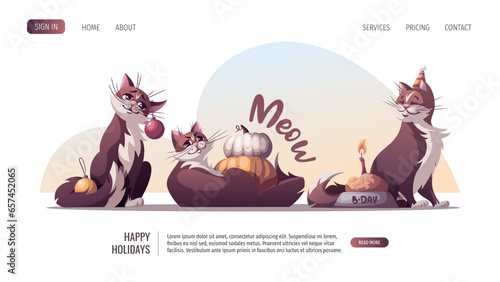 Cute cats with christmas balls, pumpkins, bowl of cat food. New Year, Christmas, Birthday, Thanksgiving celebration concept. Vector illustration for poster, banner, website.
