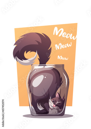 Card design with Funny cat in the glass jar. Pet, kitty, domestic life, animal concept. A4 Vector illustration for poster, card, postcard, cover.
