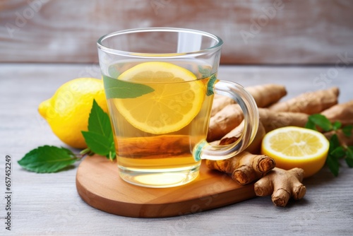 close-up of herbal tea with lemon, cinnamon and ginger