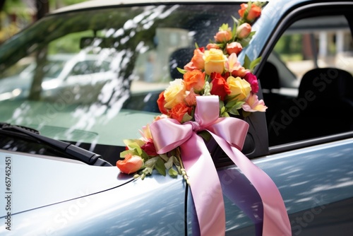 wedding car decorated with ribbons and flowers