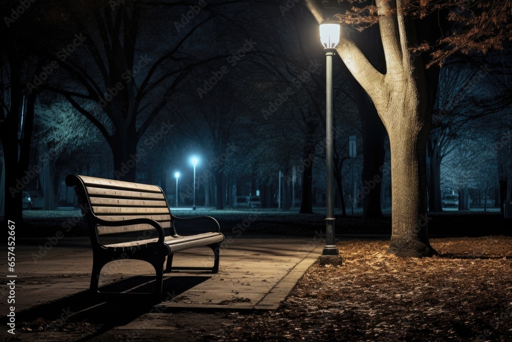 empty park bench under a single illuminated lamp