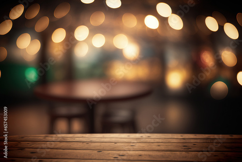 Empty wood table for product display in blur background of restaurant at night generative ai