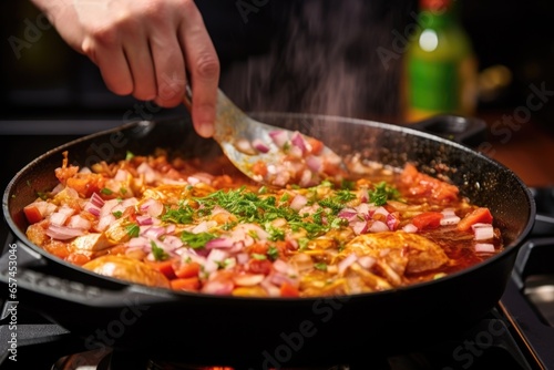 hand dropping chopped onions into a frying pan for shakshuka
