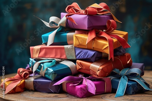 stack of wrapped gifts with colourful bows