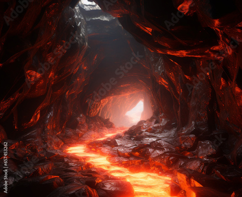 真っ赤に輝く灼熱の溶岩の流れ